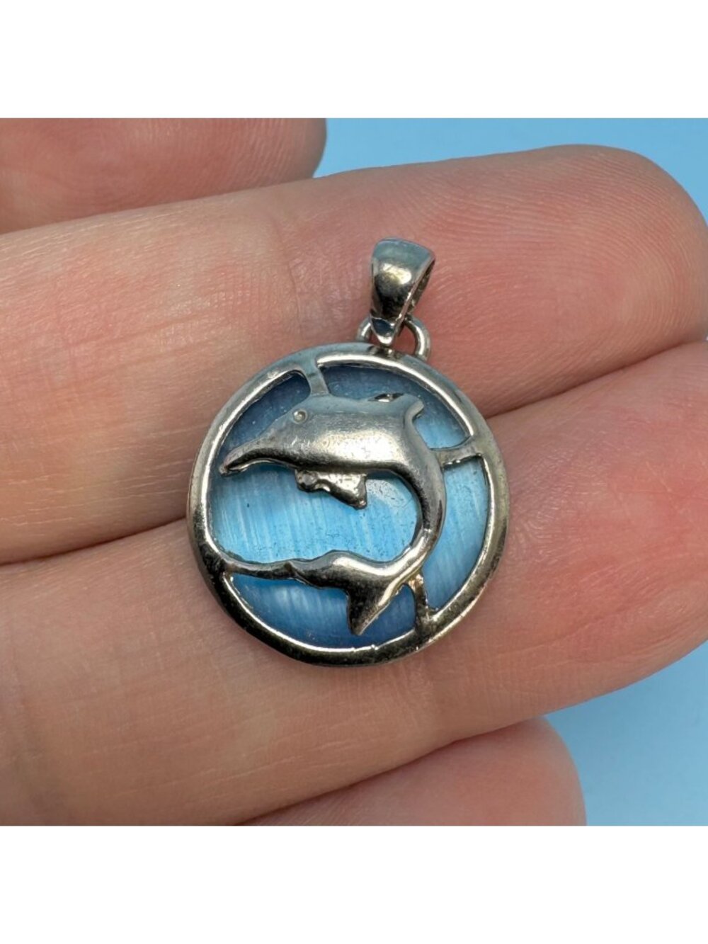 Moonstone Dolphin Design Pendant VTG Sterling Silver 925 Size 0.75'' Length